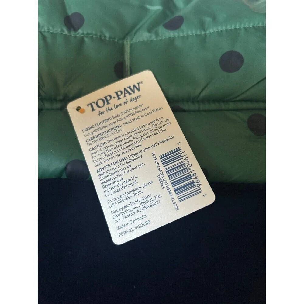 Top Paw Dog Puffer Vest/Jacket Green & Blue With  Polka Dots size M
